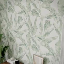 GoodHome Papier peint pré-encollé vinyle intissé feuillage Easy Roll Halton vert l.53 x H.1005 cm- Papier Peint