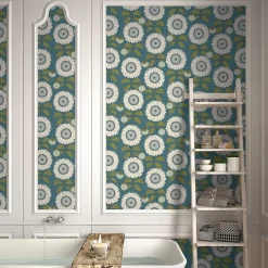 Lutece Papier peint vinyle intissé Cuisines & Bains mat et satiné tournesol, fleurs bleu, vert l.1005 x l.53 cm- Papier Peint