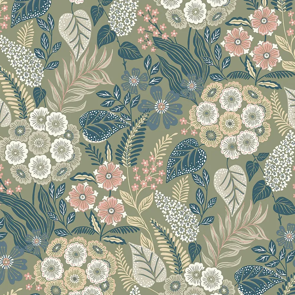 Grandeco Papier peint vinyle intissé fleuri Alice vert kaki L.1005 x l.53cm- Papier Peint