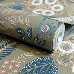 Grandeco Papier peint vinyle intissé fleuri Alice vert kaki L.1005 x l.53cm- Papier Peint