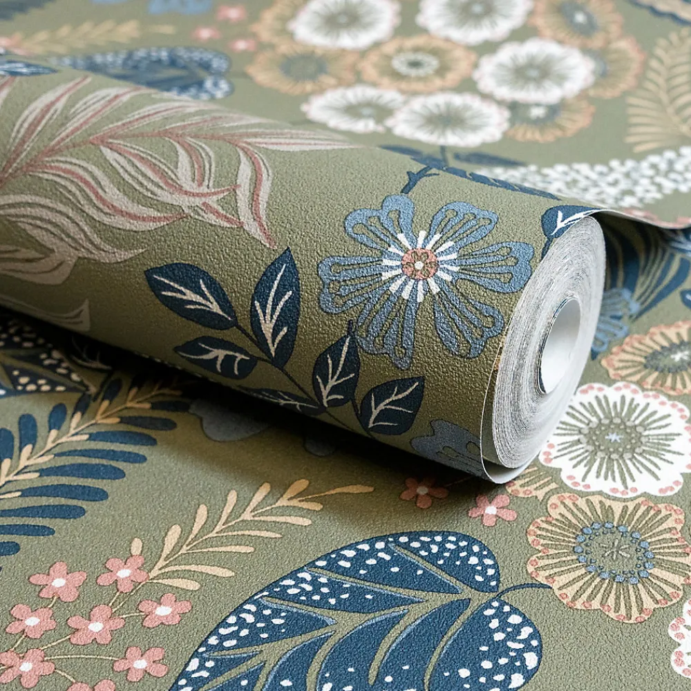 Grandeco Papier peint vinyle intissé fleuri Alice vert kaki L.1005 x l.53cm- Papier Peint