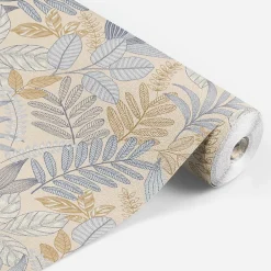 Lutece Papier peint vinyle intissé Allure mat et satiné feuilles beige, bleu, or, jaune l.1005 x l.53 cm- Papier Peint