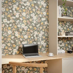 GoodHome Papier Peint<Papier peint vinyle intissé fleuri liberty vert L.53 x l.1005 cm Amity