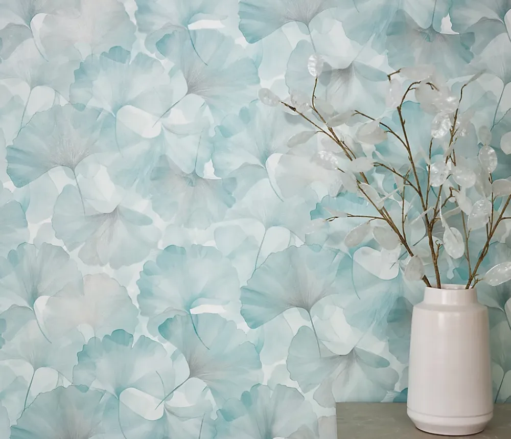 Erismann Papier peint vinyle intissé feuilles de ginko bleu L.1005 x l.53cm, Ginko dream- Papier Peint
