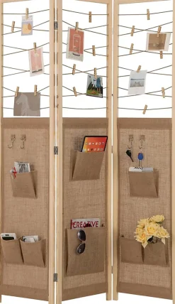 Giantex Cloison Amovible<Paravent Interieur 3 Panneaux en Faux Lin avec 8 Poches, Cloison de Séparation Pliable, Bureau, 120x170CM,Naturel Clips