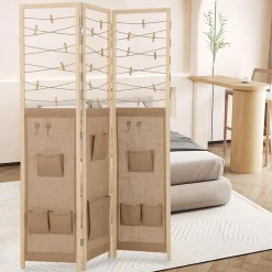 Giantex Cloison Amovible<Paravent Interieur 3 Panneaux en Faux Lin avec 8 Poches, Cloison de Séparation Pliable, Bureau, 120x170CM,Naturel Clips