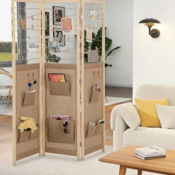 Giantex Cloison Amovible<Paravent Interieur 3 Panneaux en Faux Lin avec 8 Poches, Cloison de Séparation Pliable, Bureau, 120x170CM,Naturel Clips