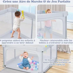 Giantex Barrière De Sécurité<Parc Bébé 10 Mois à 6 Ans Parc Bebe en maille avec Balles et 4 Anneaux Centre activités de Parc Enfant Gris