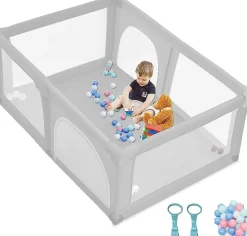 Giantex Parc Bébé 10 Mois à 6 Ans Parc Bebe en maille avec Balles et 4 Anneaux Centre activités de Parc Enfant Gris- Barrière De Sécurité