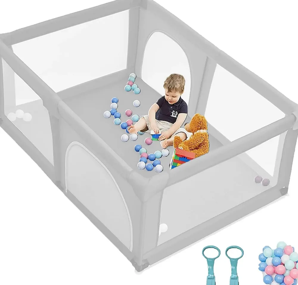 Giantex Parc Bébé 10 Mois à 6 Ans Parc Bebe en maille avec Balles et 4 Anneaux Centre activités de Parc Enfant Gris- Barrière De Sécurité