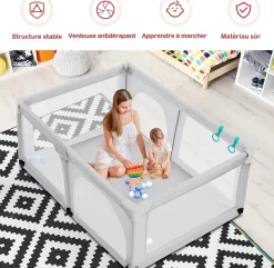 Giantex Parc Bébé 10 Mois à 6 Ans Parc Bebe en maille avec Balles et 4 Anneaux Centre activités de Parc Enfant Gris- Barrière De Sécurité