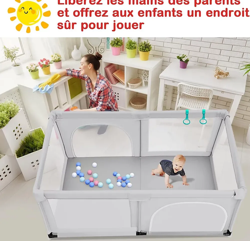 Giantex Parc Bébé 10 Mois à 6 Ans Parc Bebe en maille avec Balles et 4 Anneaux Centre activités de Parc Enfant Gris- Barrière De Sécurité