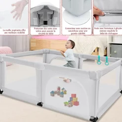 Giantex Parc Bébé 10 Mois à 6 Ans Parc Bebe en maille avec Balles et 4 Anneaux Centre activités de Parc Enfant Gris- Barrière De Sécurité