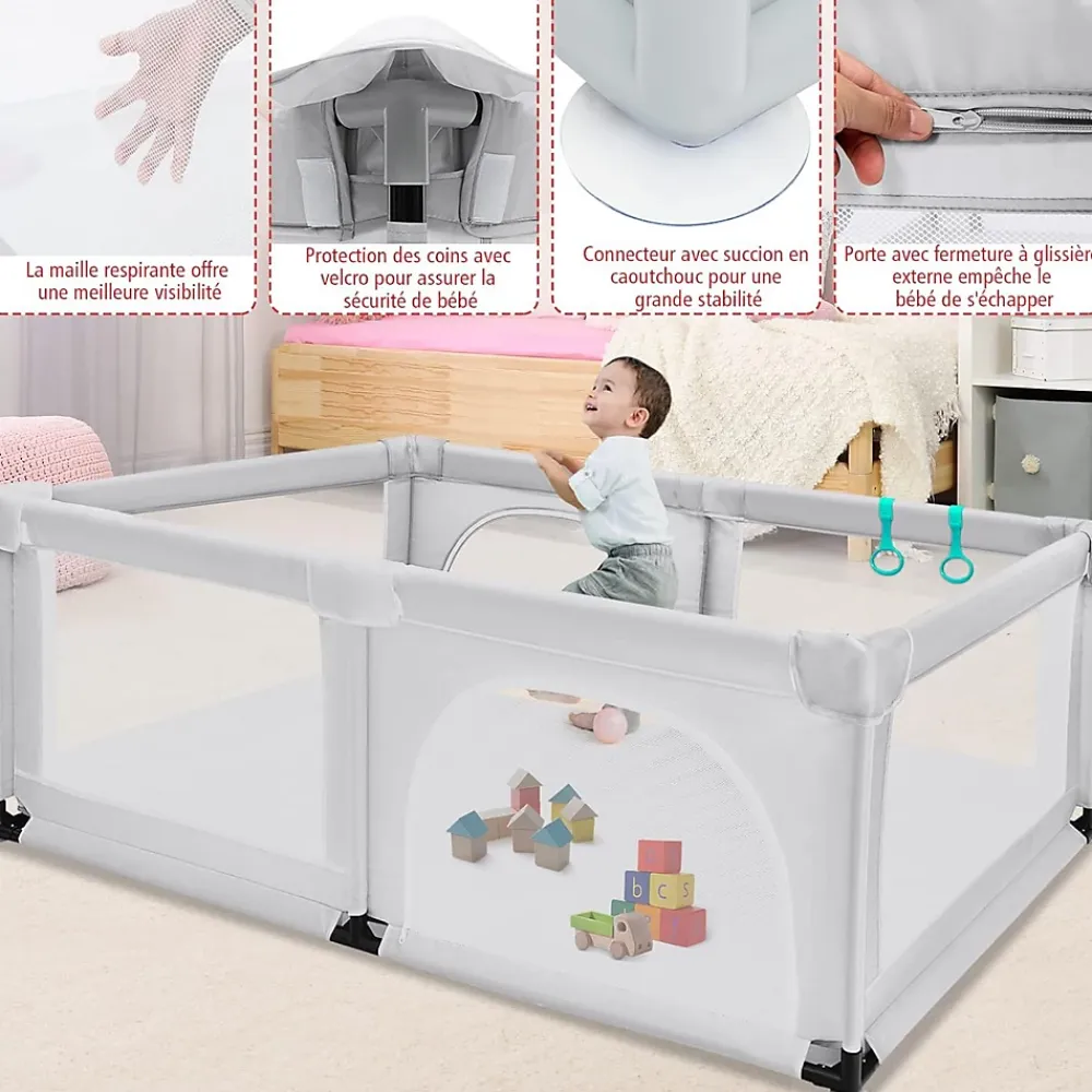 Giantex Parc Bébé 10 Mois à 6 Ans Parc Bebe en maille avec Balles et 4 Anneaux Centre activités de Parc Enfant Gris- Barrière De Sécurité
