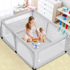 Giantex Parc Bébé 10 Mois à 6 Ans Parc Bebe en maille avec Balles et 4 Anneaux Centre activités de Parc Enfant Gris- Barrière De Sécurité