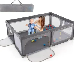 Giantex Barrière De Sécurité<Parc Bébé avec 50 Boules Océaniques et Grande Porte à Fermeture Éclair, Sac Portable, Aire de Jeu 206 x 147 x 68,5CM, Gris
