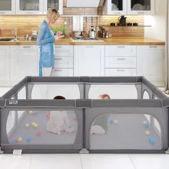Giantex Barrière De Sécurité<Parc Bébé avec 50 Boules Océaniques et Grande Porte à Fermeture Éclair, Sac Portable, Aire de Jeu 206 x 147 x 68,5CM, Gris