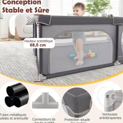 Giantex Barrière De Sécurité<Parc Bébé avec 50 Boules Océaniques et Grande Porte à Fermeture Éclair, Sac Portable, Aire de Jeu 206 x 147 x 68,5CM, Gris