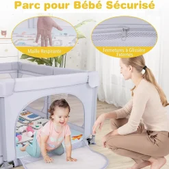 Giantex Barrière De Sécurité<Parc Bébé avec Tapi Grand Parc Bébé avec 4 Anneaux de Traction 50 Balles Océaniques Sac de Transport Parc en Maille Gris