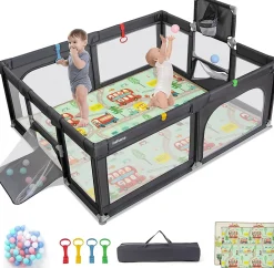 Giantex Parc Bebe avec 50 Balles Océaniques, Parc Enfant avec Panier de Basket, Porte Zippée, Gris Foncé, 88 x 157 x 100 cm- Barrière De Sécurité