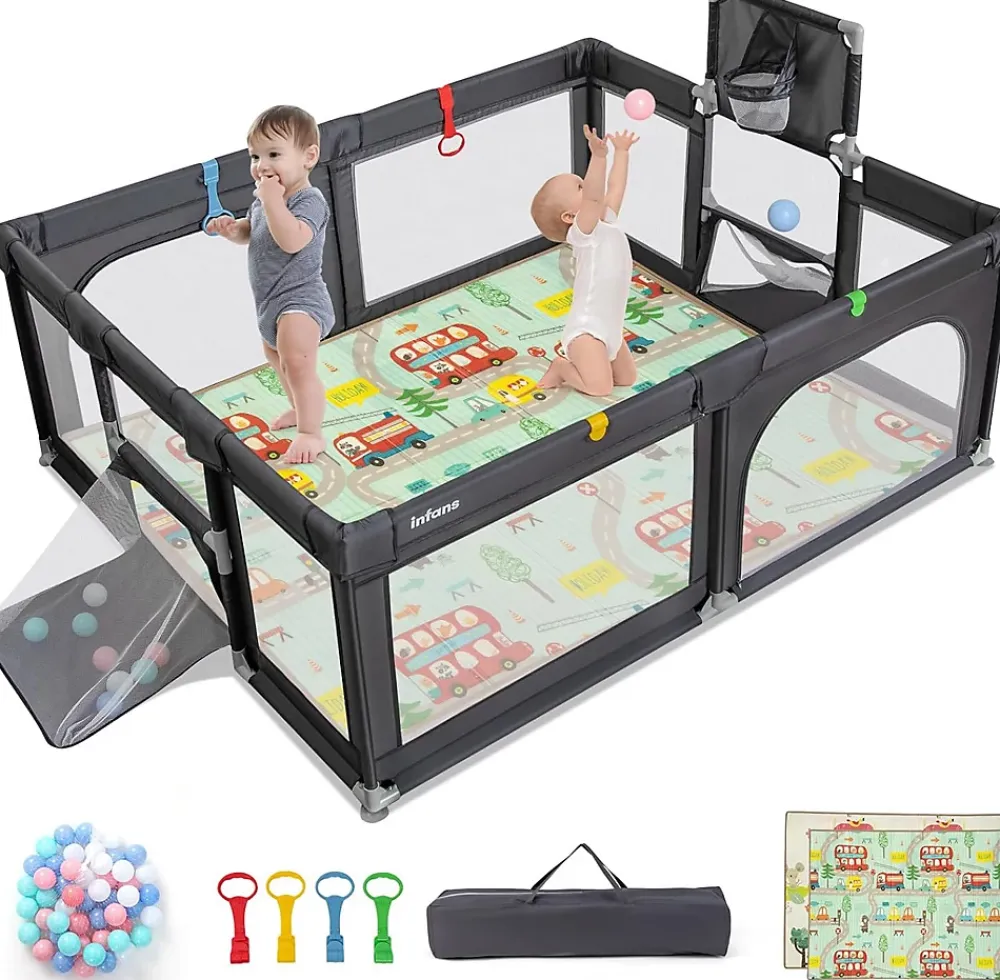 Giantex Parc Bebe avec 50 Balles Océaniques, Parc Enfant avec Panier de Basket, Porte Zippée, Gris Foncé, 88 x 157 x 100 cm- Barrière De Sécurité