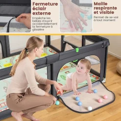 Giantex Parc Bebe avec 50 Balles Océaniques, Parc Enfant avec Panier de Basket, Porte Zippée, Gris Foncé, 88 x 157 x 100 cm- Barrière De Sécurité