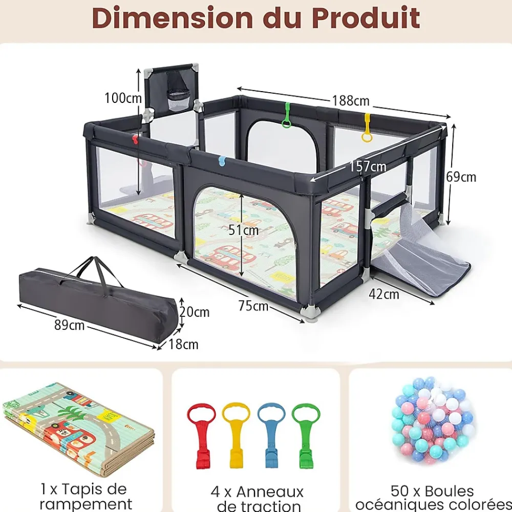 Giantex Parc Bebe avec 50 Balles Océaniques, Parc Enfant avec Panier de Basket, Porte Zippée, Gris Foncé, 88 x 157 x 100 cm- Barrière De Sécurité