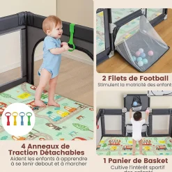 Giantex Parc Bebe avec 50 Balles Océaniques, Parc Enfant avec Panier de Basket, Porte Zippée, Gris Foncé, 88 x 157 x 100 cm- Barrière De Sécurité