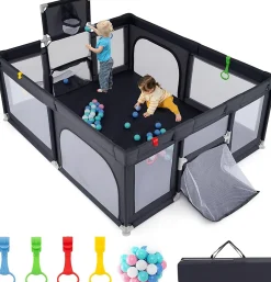 Giantex Parc Bebe avec 50 Balles Océaniques, Parc Enfant avec Panier de Basket, Porte Zippée, Gris Foncé, 88 x 157 x 100 cm- Barrière De Sécurité