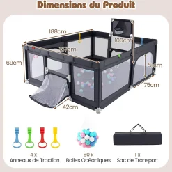 Giantex Parc Bebe avec 50 Balles Océaniques, Parc Enfant avec Panier de Basket, Porte Zippée, Gris Foncé, 88 x 157 x 100 cm- Barrière De Sécurité