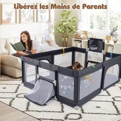 Giantex Parc Bebe avec 50 Balles Océaniques, Parc Enfant avec Panier de Basket, Porte Zippée, Gris Foncé, 88 x 157 x 100 cm- Barrière De Sécurité