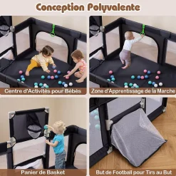 Giantex Parc Bebe avec 50 Balles Océaniques, Parc Enfant avec Panier de Basket, Porte Zippée, Gris Foncé, 88 x 157 x 100 cm- Barrière De Sécurité