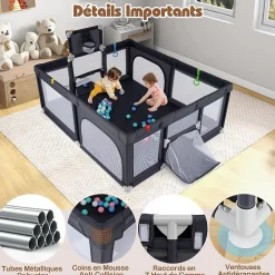 Giantex Parc Bebe avec 50 Balles Océaniques, Parc Enfant avec Panier de Basket, Porte Zippée, Gris Foncé, 88 x 157 x 100 cm- Barrière De Sécurité