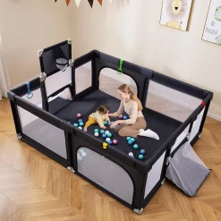 Giantex Parc Bebe avec 50 Balles Océaniques, Parc Enfant avec Panier de Basket, Porte Zippée, Gris Foncé, 88 x 157 x 100 cm- Barrière De Sécurité