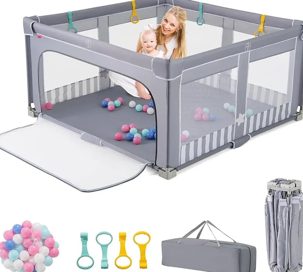 Giantex Parc Bebe Pliable avec 50 Balles Océaniques, 150 x 150 x 76,5 cm, Parc Enfant sans BPA pour Tout-petits, Filet Respirant, Gris- Barrière De Sécurité
