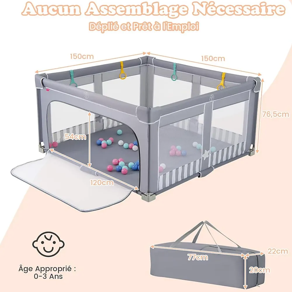 Giantex Parc Bebe Pliable avec 50 Balles Océaniques, 150 x 150 x 76,5 cm, Parc Enfant sans BPA pour Tout-petits, Filet Respirant, Gris- Barrière De Sécurité