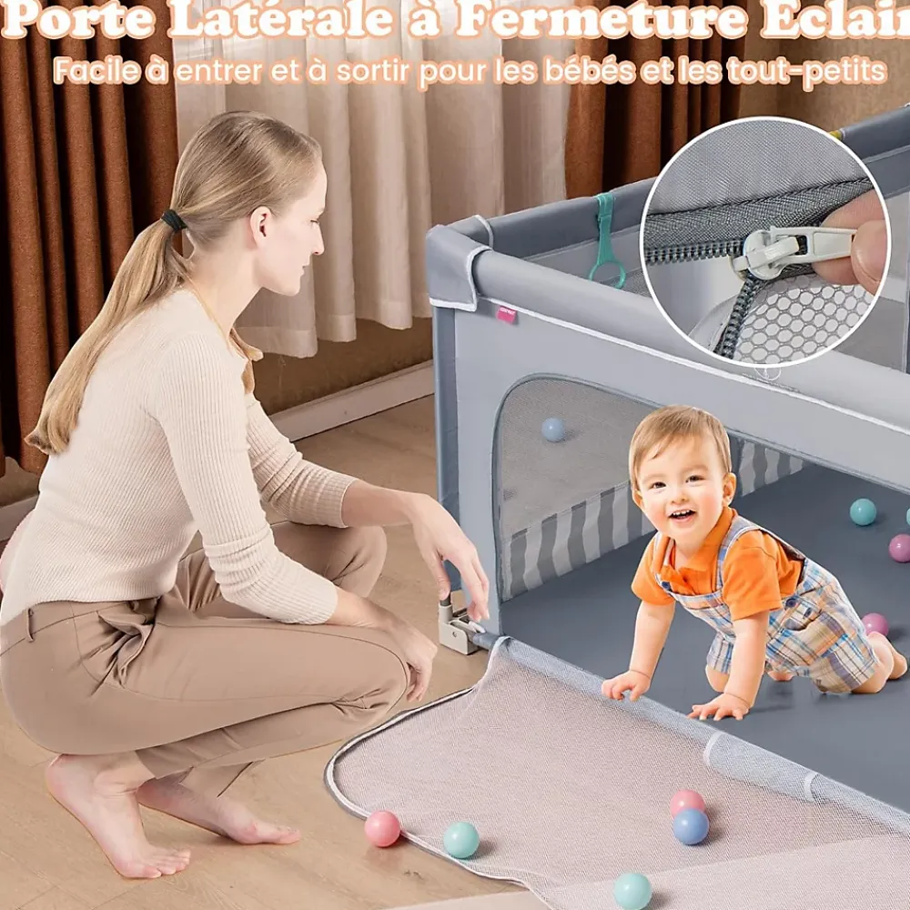 Giantex Parc Bebe Pliable avec 50 Balles Océaniques, 150 x 150 x 76,5 cm, Parc Enfant sans BPA pour Tout-petits, Filet Respirant, Gris- Barrière De Sécurité