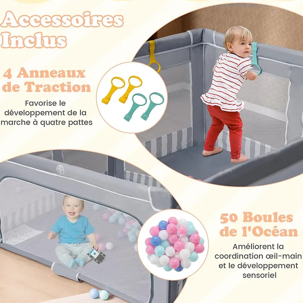 Giantex Parc Bebe Pliable avec 50 Balles Océaniques, 150 x 150 x 76,5 cm, Parc Enfant sans BPA pour Tout-petits, Filet Respirant, Gris- Barrière De Sécurité