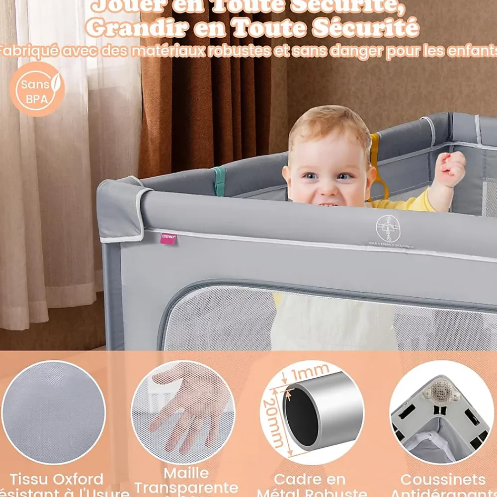 Giantex Parc Bebe Pliable avec 50 Balles Océaniques, 150 x 150 x 76,5 cm, Parc Enfant sans BPA pour Tout-petits, Filet Respirant, Gris- Barrière De Sécurité