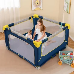 Giantex Barrière De Sécurité<Parc Bebe Pliable 127x127cm, Parc Enfant Modulable avec 50 Balles Océaniques, 4 Poignées, Maille Respirante, Bleu
