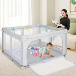 Giantex Parc Bebe Pliable 127x127cm, Parc Enfant Modulable avec 50 Balles Océaniques, 4 Poignées, Maille Respirante, Bleu- Barrière De Sécurité
