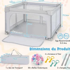 Giantex Parc Bebe Pliable 127x127cm, Parc Enfant Modulable avec 50 Balles Océaniques, 4 Poignées, Maille Respirante, Bleu- Barrière De Sécurité