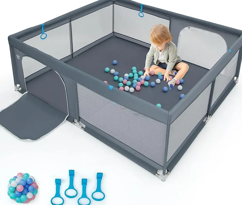 Giantex Barrière De Sécurité<Parc pour Bébé Parc de Jeu Tout Petit avec Maille Respirante 4 Anneaux Balles Océaniques Barrière avec Porte Gris