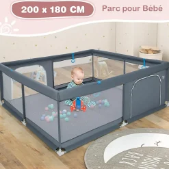 Giantex Barrière De Sécurité<Parc pour Bébé Parc de Jeu Tout Petit avec Maille Respirante 4 Anneaux Balles Océaniques Barrière avec Porte Gris