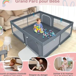 Giantex Barrière De Sécurité<Parc pour Bébé Parc de Jeu Tout Petit avec Maille Respirante 4 Anneaux Balles Océaniques Barrière avec Porte Gris