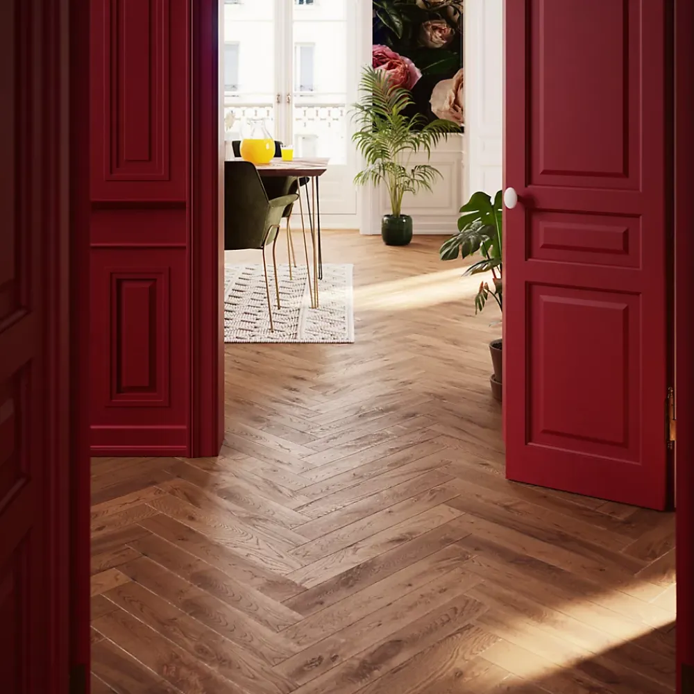 GoodHome Parquet contrecollé clipsable Skara bâtons rompus en chêne huilé brun rustique- Parquet Chevron|Parquet Contrecollé