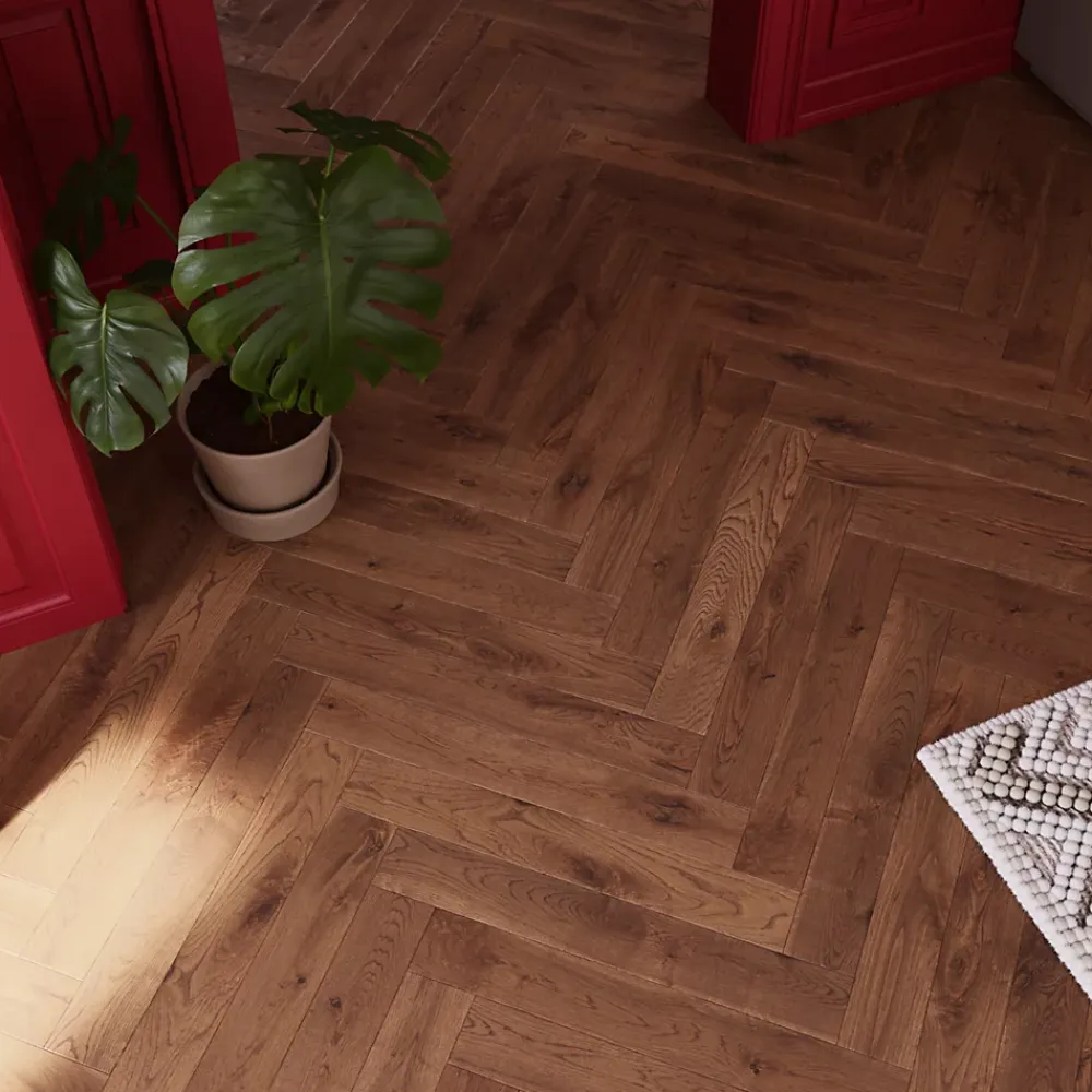 GoodHome Parquet contrecollé clipsable Skara bâtons rompus en chêne huilé brun rustique- Parquet Chevron|Parquet Contrecollé