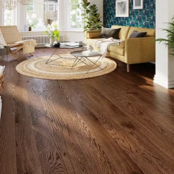 GoodHome Parquet massif à coller Skara L en chêne verni brun- Parquet Massif|Voir Tous Les Parquets