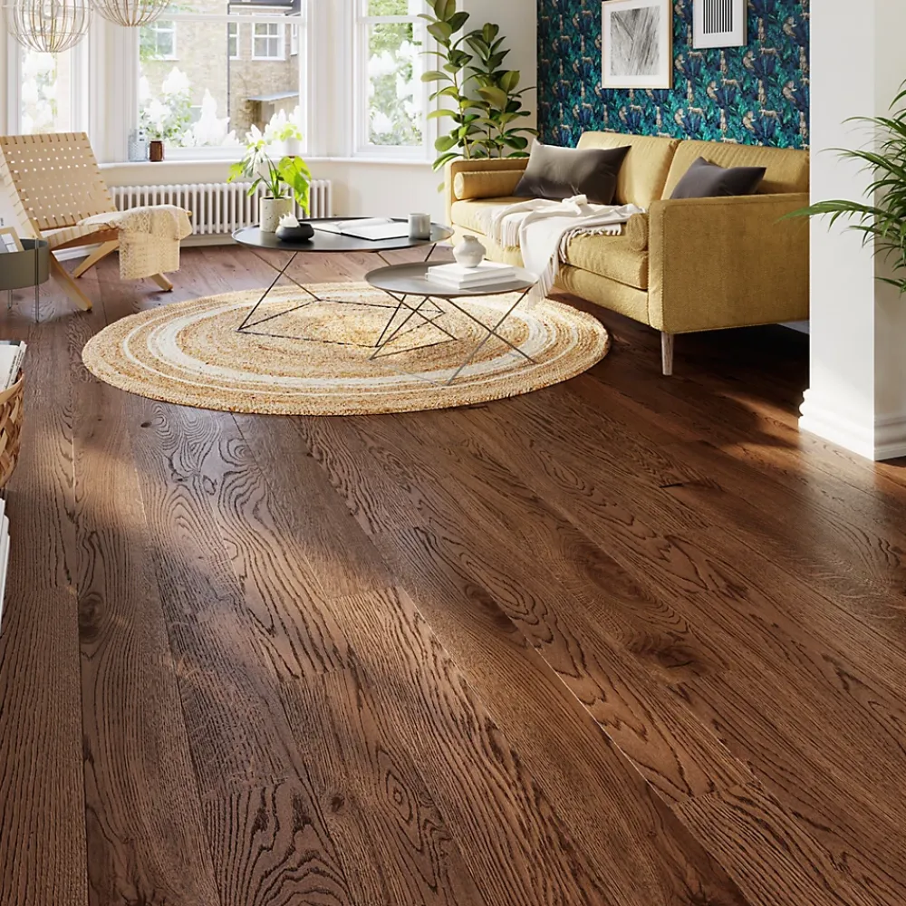 GoodHome Parquet massif à coller Skara L en chêne verni brun- Parquet Massif|Voir Tous Les Parquets