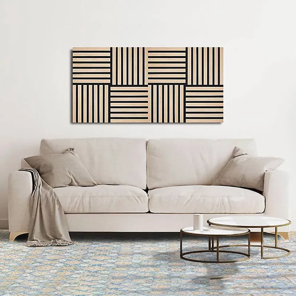 Decoon Plaque murale tasseaux 30 x 30 x 1,9 cm - Lattes chêne clair véritable fond noir 0,09m²- Panneau Tasseau Bois